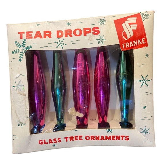 Franke Other - Vintage Franke Tear Drops Glass Tree Ornaments Pink Teal Set of 5 Japan 4040